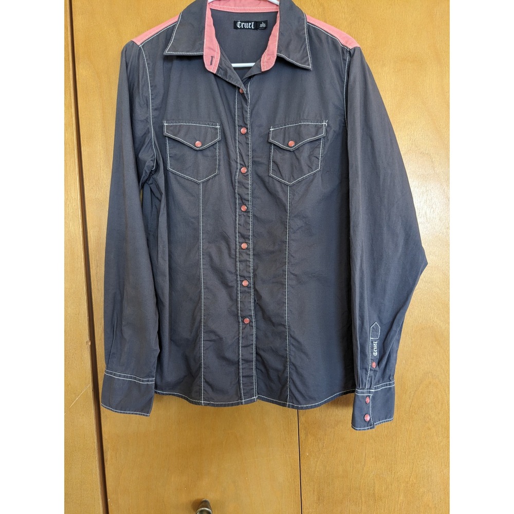Cruel Girl Womens Western Snap Shirt Gray Pink Eyelet Back Yoke Size L